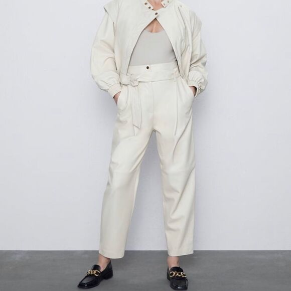 Zara Pants - NWT Zara slouchy leather pants ecru S